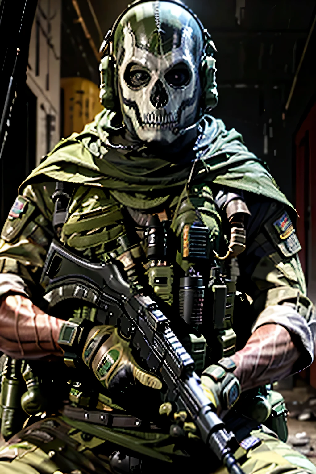 Arte Realista, UHD, cinematic image, Special Forces emblem, First person shooter style, GH0st sits on the hill, Brazilian tactical force green and yellow costume, Amazon rainforest combat environment