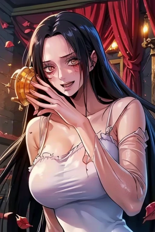 best quality, masterpiece, highly detailed,1girl, ((rose)), (vine), cage, bandage, red rope, (detail light), falling rose petals, Boa Hancock, , (masterpiece:1.5), Detailed Photo, Smiling, y, (8K, Best Quality: 1.4), (1girl), Beautiful Face, (anime realistic Face), (Black Hair, long Hair: 1.3), Beautiful Hairstyle, Realistic eyes, beautiful detail eyes, (white skin), beautiful skin, absurd, attractive, ultra high resolution, ultra realistic, high definition, golden ratio, (sexoused:1.5), Pinkish white skin, cool white light, sexy pose, utiful , white background, pink soft white light, Wear a white dress,  (zombie girl:1.6), (breeding:1.6), (cute dead girl:1.5), (deadly eyes:1.8), (Eyes without sparkle1.7), pale skin, dead body, no life, (lifeless:1.5), (Wounds on the body:1.6), (dribbling:1.5), (red blood on body:1.3), (Bruise on the body:1.4)