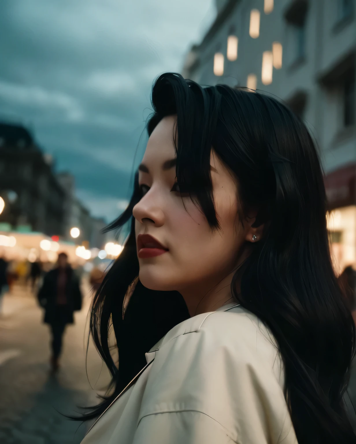 Street style photo of a woman in the streets of Vienna, night, standing in front of a high rise building, black hair,punk, coat raw photo, realistic face skin,8k uhd, dslr, soft lighting, high quality,detailed face, film grain, Fujifilm XT3, best quality, professional photoshoot, cinema, 35mm, f1.2, color graded portra 400 film, realistic hair, ultra realistic,outdoor, cinematic camera,