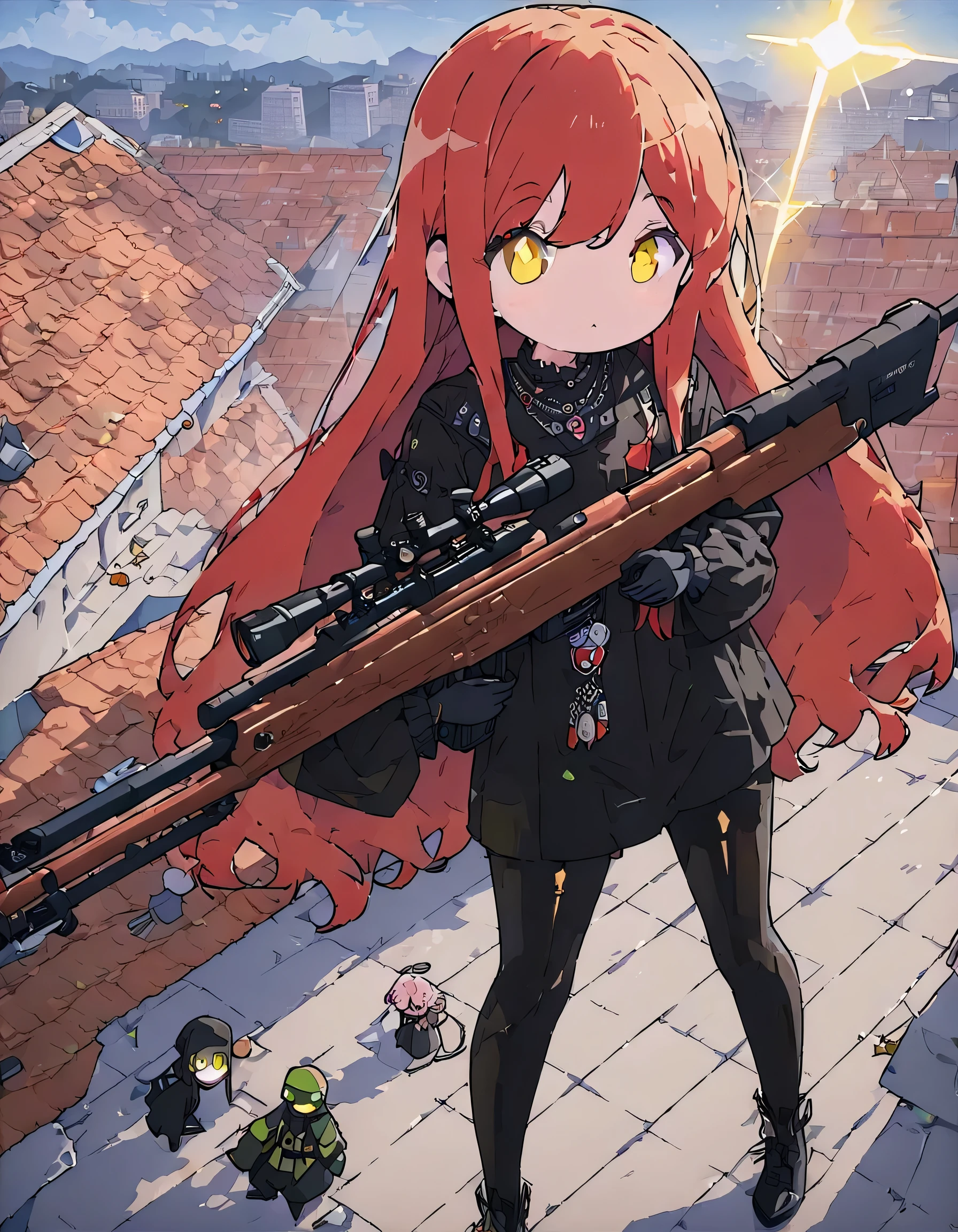 2D, masterpiece, highest quality, anime, Highly detailed face, Very detailed eyes, Highly detailed background, Perfect lighting, One girl, alone, whole body, Lying prone with a sniper rifle, Latex Legwear, Cool black outfit, Redhead, Amulets、Outdoor、Rooftop、(sniper rifle、Sniper at a distance) 、(highest quality、masterpiece、High resolution、detailed)、anime style、Flat Style、(Shining Eyes、Beautiful Face), BREAK,1 girl、extremely detailed(The Shining), Best lighting, Best Shadow、High saturation、Dynamic Angle、anime