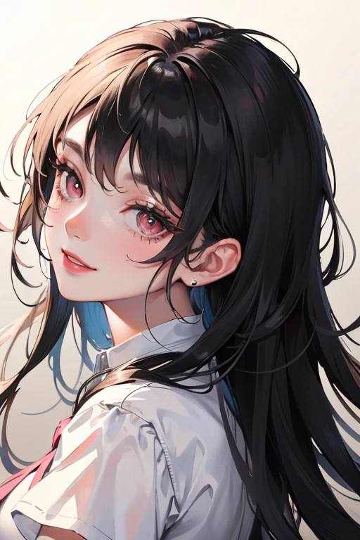 ((best quality)), ((masterpiece)), (detailed), perfect face, beautiful face, cute face, one girl, long black hair and pink eyes, smile