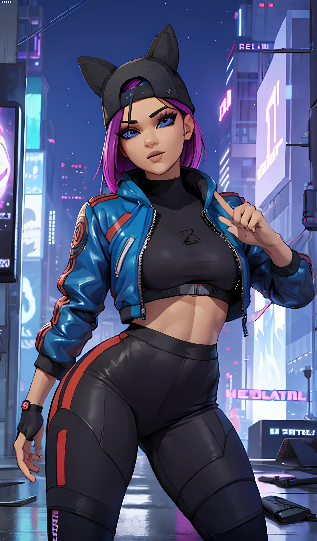 1 chica, sentada, cyberpunk Noche, chaqueta Azul, jogger Negro, Extremadamente detallado, rostro detallado , gorra ,hermoso rostro detallado, ojos detallados, dynamic pose