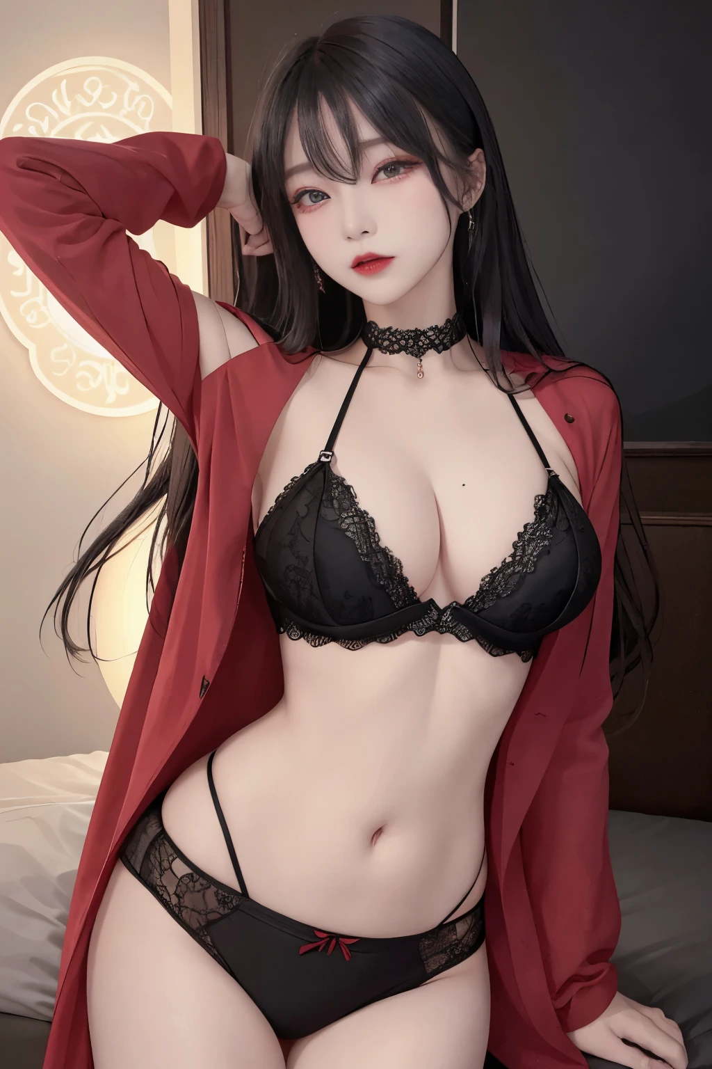Top image quality、Raw photography、A high resolution、20-year-old cool Korean、big round chest、thin red silk coat、black lace underwear、Beautiful Eyes of Details、very elongated eyes、Beautiful eyelashes、Beautiful double eyelids、eyeshadows、耳Nipple Ring, wearing super tight mini boxers, standing,