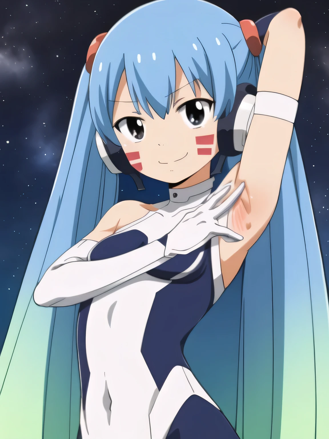masterpiece, best quality, highres, hermit mio, long hair, twintails, facial mark, headphones, small breasts, white bodysuit, skin tight, gloves, contrapposto, spread armpit, arms behind head, smile, solo, looking at viewer, upper body, cyberpunk, smile, night sky, beach,