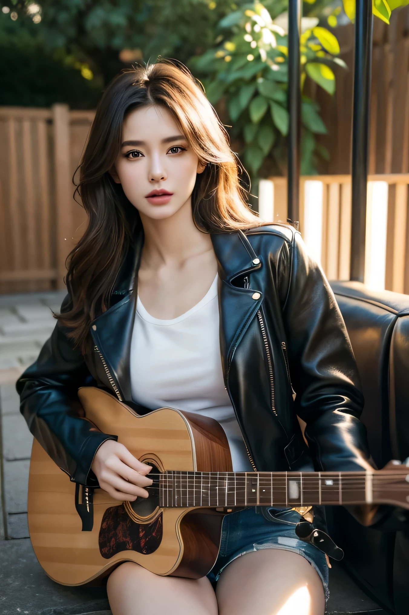 8k, top-quality, (pubic hair beauty)、hight resolution, lifelike, realperson, backyard alley, London Style, Tangled, cinematic lighting soft lighting、A musician wearing a leather jacket is sitting and glaring at me.、a beauty girl、huge tit、beauty legs、guitar
