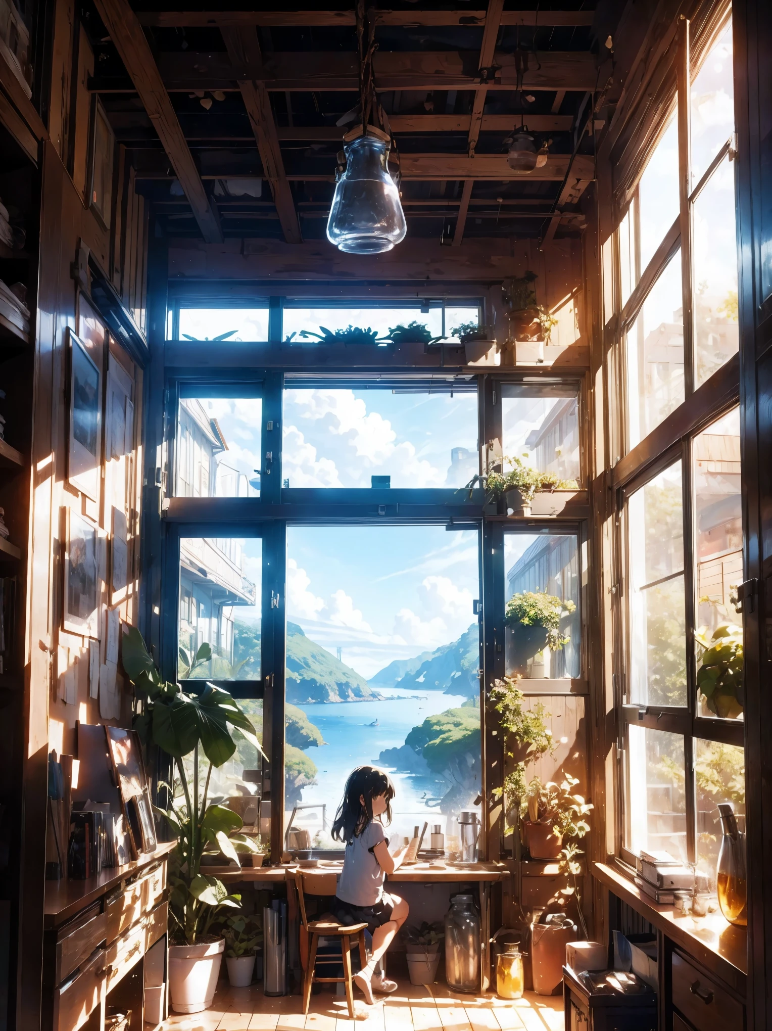 ((Island in a Flask)), on the desk, window, Foliage plant, (Girl), adventure, Cinematic