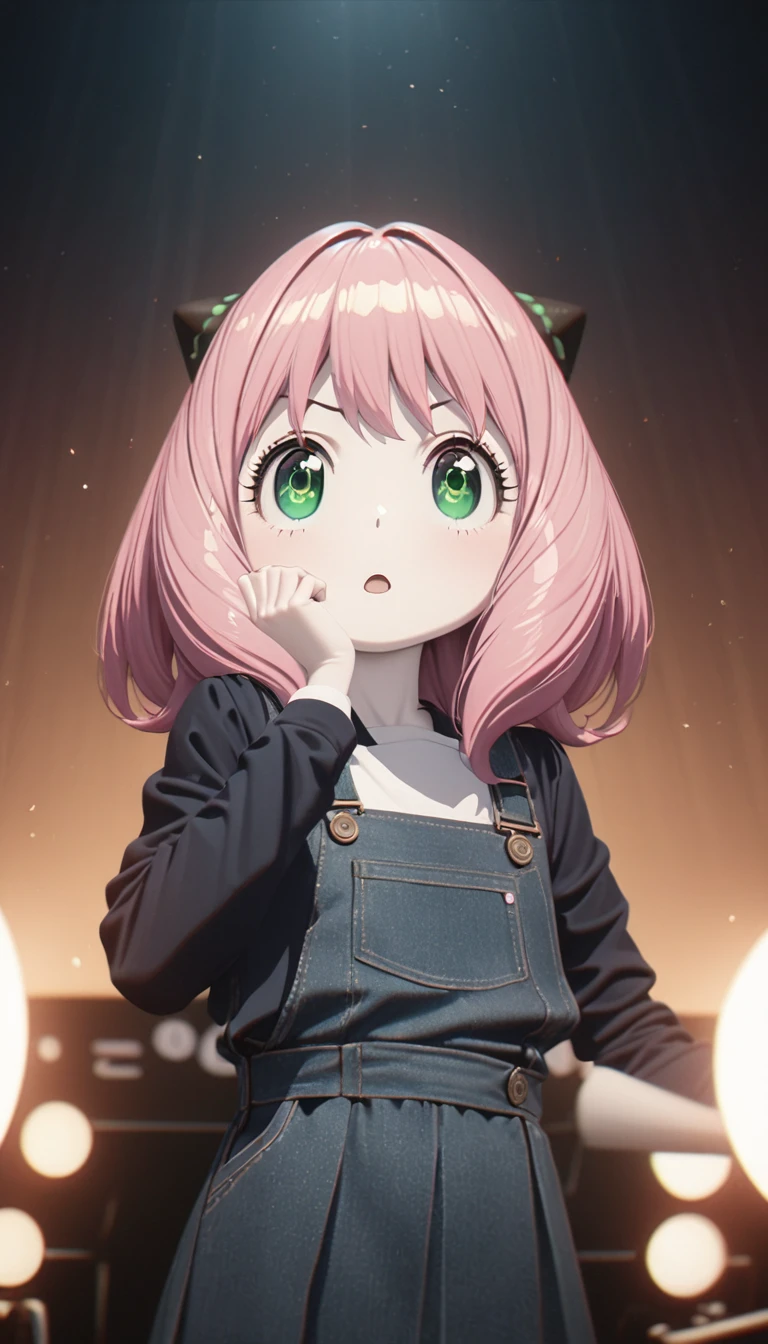 Nice little girl，With realistic green eyes, Pale skin, Pink medium-length hair, hairpods, Perfect face, Perfect eyes, Wearing a black school uniform, Cute dance pose，Very detailed, Overall Movie, number, 8k, Cinema Lighting, best quality, high resolution, detailed work, Post-Processing, Perfect results, Surreal