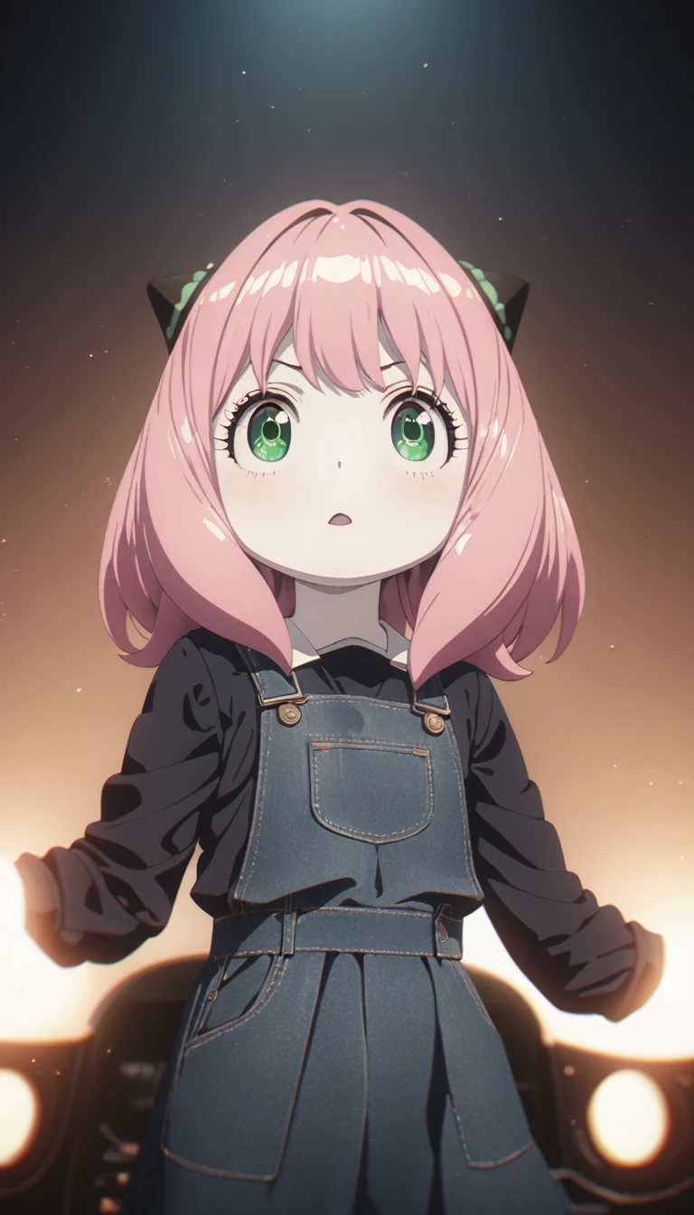 Nice  girl，With realistic green eyes, Pale skin, Pink medium-length hair, hairpods, Perfect face, Perfect eyes, Wearing a black school uniform, Cute dance pose，Very detailed, Overall Movie, number, 8k, Cinema Lighting, best quality, high resolution, detailed work, Post-Processing, Perfect results, Surreal