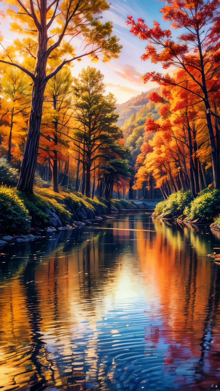 a serene lake nestled among rolling hills and colorful autumn trees. The water is so clear that you can see the fish swimming beneath the surface. The golden light of the setting sun bathes the landscape in a warm glow, casting long shadows across the peaceful scene