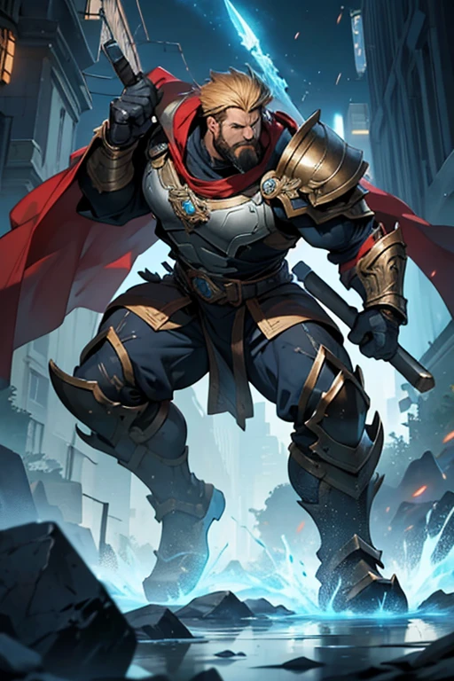 Let's create a character fitting that description:
Name: Titan Hammer
Appearance:
- Titan Hammer is a towering figure, standing well over seven feet tall, with a massive, muscular build that speaks to his immense strength.
- His broad shoulders and chiseled features give him a commanding presence, radiating power and confidence.
- He has a ruggedly handsome face with a strong jawline, piercing eyes, and a determined expression that reflects his unwavering dedication to justice.
- His skin is bronzed and weathered, bearing the scars of countless battles fought in defense of the innocent.
- Titan Hammer's hair is cropped short, and he sports a rugged beard, adding to his imposing appearance.
Attire:
- Titan Hammer wears a suit of heavy-duty armor crafted from reinforced alloys, providing maximum protection without sacrificing mobility.
- The armor is adorned with intricate engravings and symbols, reflecting his noble heritage and his commitment to protecting the weak.
- Across his chest, he wears a symbol of a hammer, representing his role as a guardian and protector.
- His fists are encased in massive gauntlets, each equipped with retractable spikes and hydraulic systems that amplify his already formidable strength.
- In addition to his armor, Titan Hammer wears a billowing cape made of durable fabric, flowing behind him as he charges into battle, a symbol of his heroic stature.
Abilities:
- Titan Hammer possesses superhuman strength and durability, capable of lifting immense weights and withstanding powerful blows without flinching.
- He is a skilled hand-to-hand combatant, trained in various martial arts and fighting styles, making him a formidable opponent in close quarters combat.
- In battle, he wields a massive war hammer, forged from enchanted metals and imbued with magical properties that amplify his already devastating attacks.
- With each swing of his hammer, he can unleash shockwaves of concussive force that can shatter armor and send opponents flying.