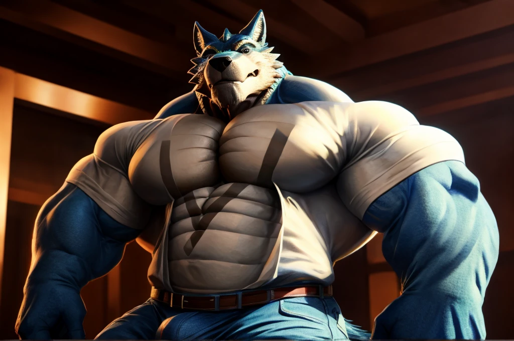 Lonely， male， Wolf， Scales， Delicate face， Exquisite eyeuscular， Chest muscle hypertrophy， Thick thighs， perpetual， Solid color background，jeans，indoor，shirt，（Huge bulge：1.3）High Detail， High Detail， Film Lighting， High Detail， High Detail， Anatomically correct， masterpiece， accurate， Super Detail， high resolution， Best quality 