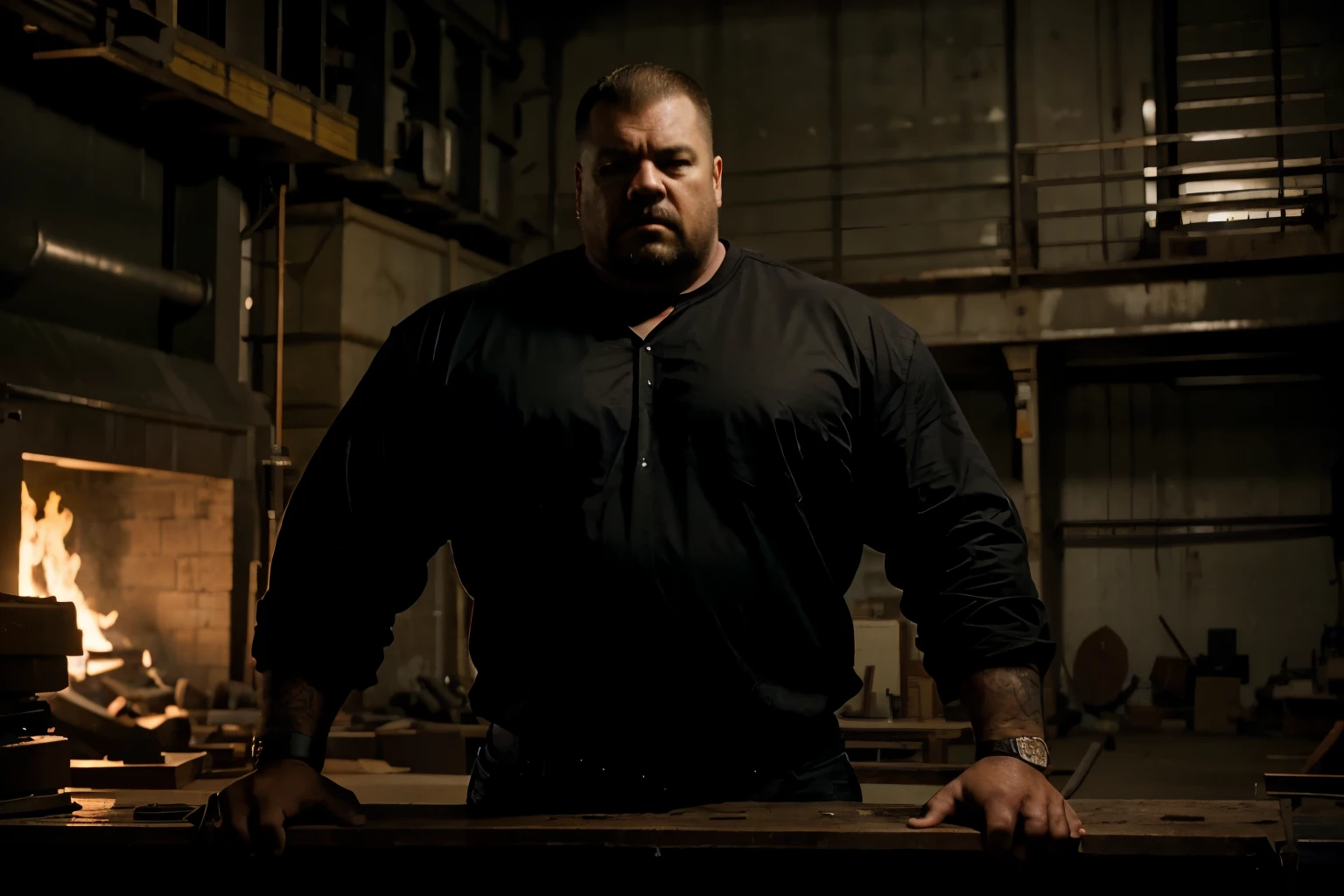 a picture of a 2000 American workshop boss, he looks big and mean, setting is dark and brooding.