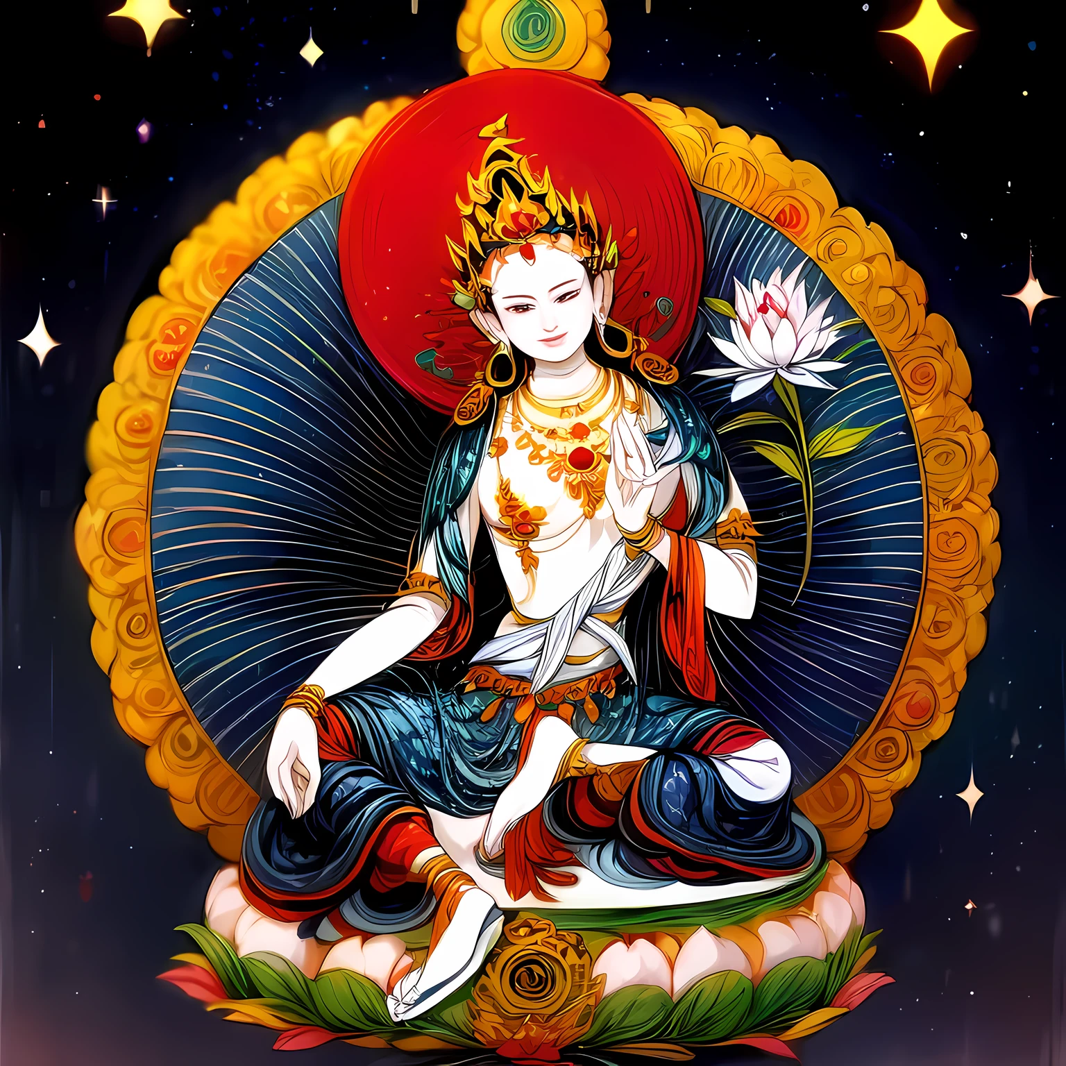 (( dumu,1girl)),mantra,ocean,stars,starry sky,rainbow,night,sun,crown,necklace,circle,sitting on lotus,(lotus),jewelry,bracelet,crescent moon,earrings,magic circle,flower,bird,