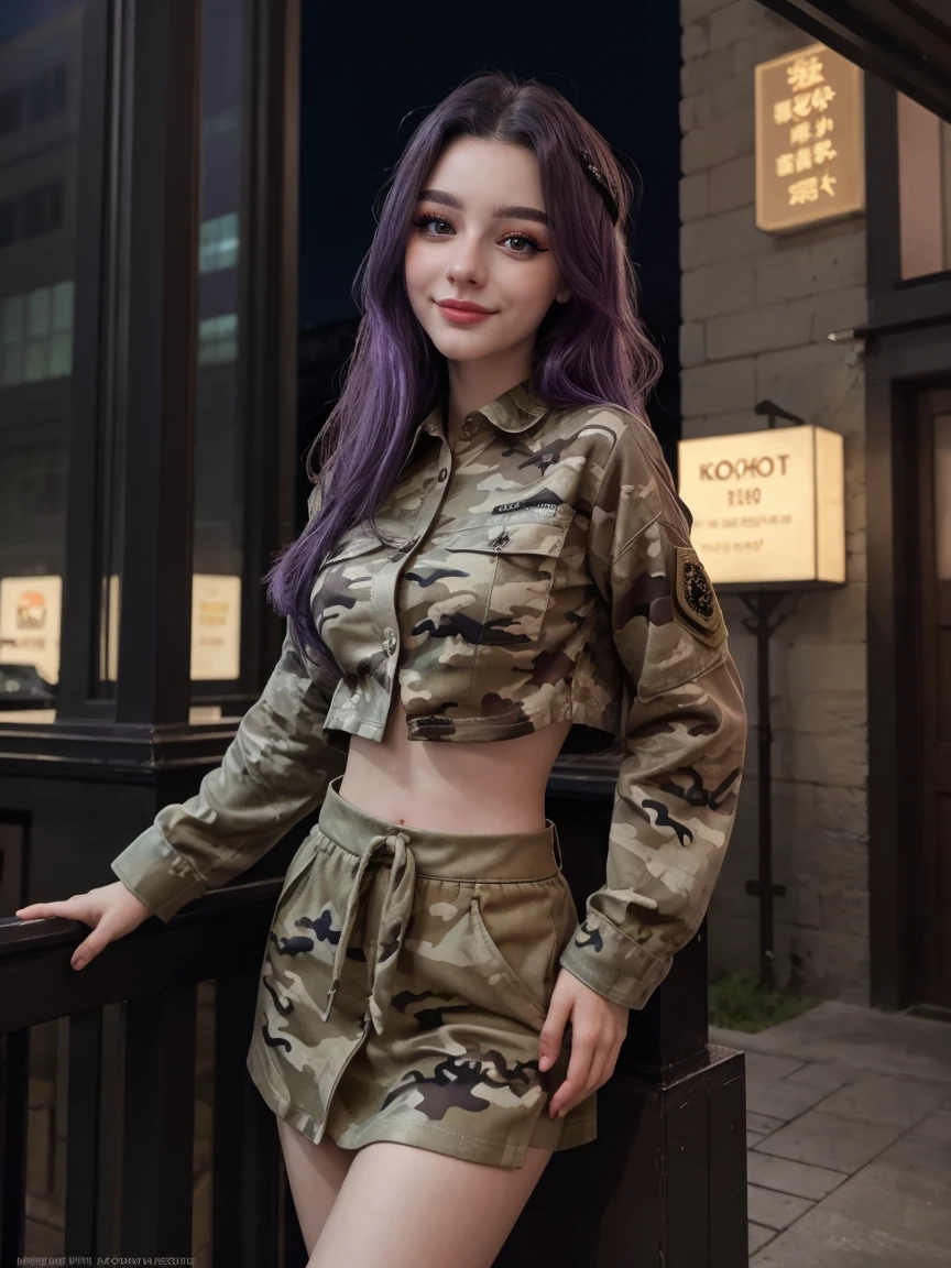 (1 lady), (Best quality at best:1.4), (ultra - detailed), (extremely detailed CG unified 16k), A Beautiful Woman with Perfect Figure: 1.4, female soldier body, Sharp Focus: 1.2, purple hair, very detailed, High-definition RAW color photo, professional photoshooting, amazing face and eyes, cosmetics, (amazingly beautiful girl), ((Kotomi)), ((woodland camo shirt, woodland camo skirt)), standing, sexyposture，(Night and stylish cathedral outside, city lights, city lights:1.3), (look from down), realistic cinematic face, head to feet long wide zoomed out view, full body long view, photorealistic, ((realistic natural blueish purple hair style, purple eyes)), gorgeous, extremely beautiful face, perfect model beauty, pout mouth, Highly Detailed Face and Skin Texture, Detailed Eyes, Double Eyelids, Big Breasts, Smile, flirting smile, cleavages, western, (masterpiece), best quality, high resolution, extremely detailed, blurred background, depth of field, cinematic lighting, amazing legs, high heels, clear and well-cared skin, (((focus on the girl))), (big girl, big proportions, strong female)