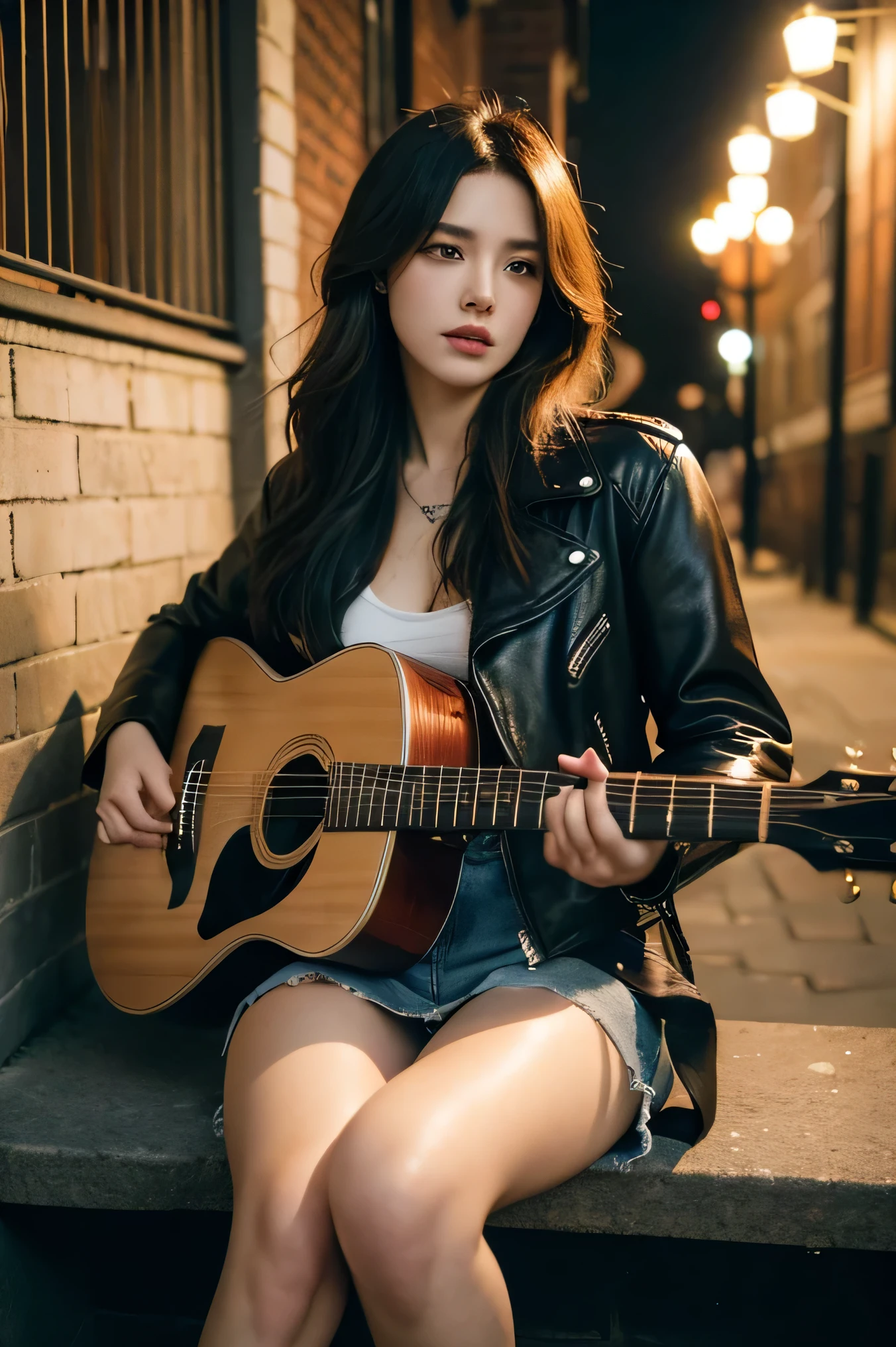8k, top-quality, （pubic hair beauty）、hight resolution, lifelike, realperson, backyard alley, London Style, Tangled, cinematic lighting soft lighting、A musician wearing a leather jacket is sitting and glaring at me.、a beauty girl、huge tit、beauty legs、guitar