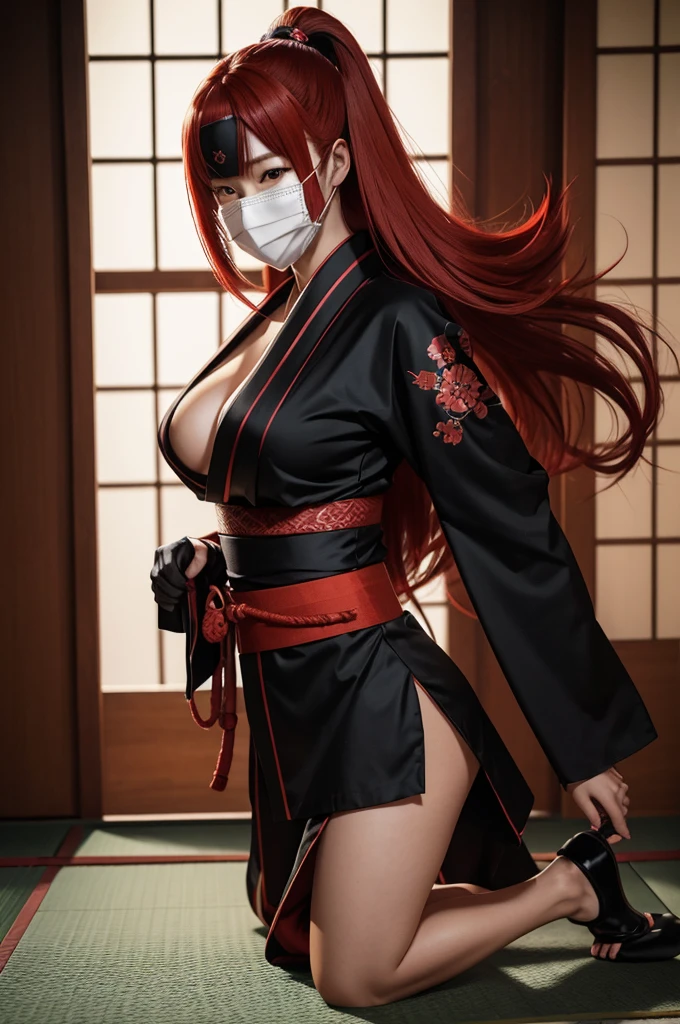 woman in sexy ninja outfit, traditional japanese shoes, masked, long red hair, bangs hair, dojo, high detailed, realistic full-lenght photo, 4k