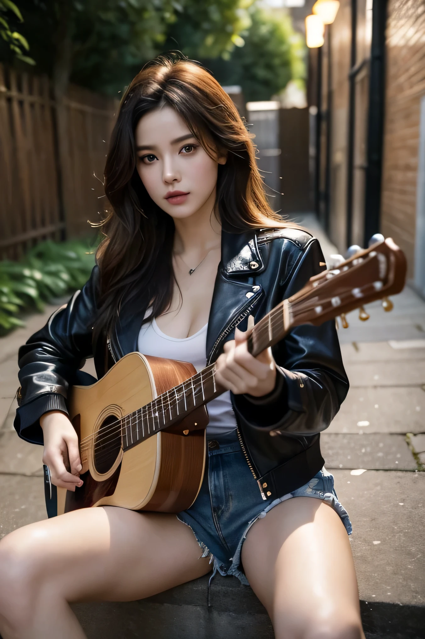 8k, top-quality, (pubic hair beauty)、hight resolution, lifelike, realperson, backyard alley, London Style, Tangled, cinematic lighting soft lighting、A musician wearing a leather jacket is sitting and glaring at me.、a beauty girl、huge tit、beauty legs、guitar