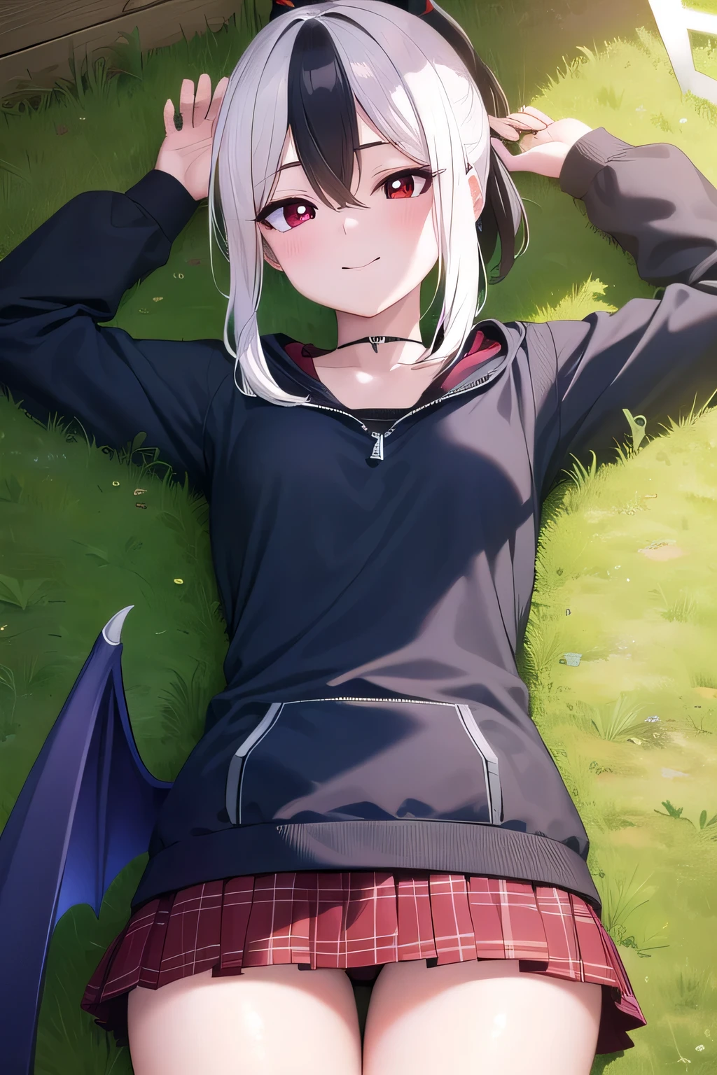 kayokoonikata, kayoko onikata, black hair, demon horns, hair between eyes, halo, horns, long hair, low wings, mole, mole on collarbone, multicolored hair, ponytail, (red eyes:1.5), single wing, two-tone hair, white hair, wings, black ponytail,
BREAK black hoodie, choker, hood, hoodie, pleated skirt, skirt, red skirt,
solo, lying on back, arms up, spread arms, on grass, smile, (cowboy shot:1.5) closed mouth, looking at viewer, masterpiece, best quality, smile,
BREAK (masterpiece:1.2), best quality, high resolution, unity 8k wallpaper, (illustration:0.8), (beautiful detailed eyes:1.6), extremely detailed face, perfect lighting, extremely detailed CG, (perfect hands, perfect anatomy),
