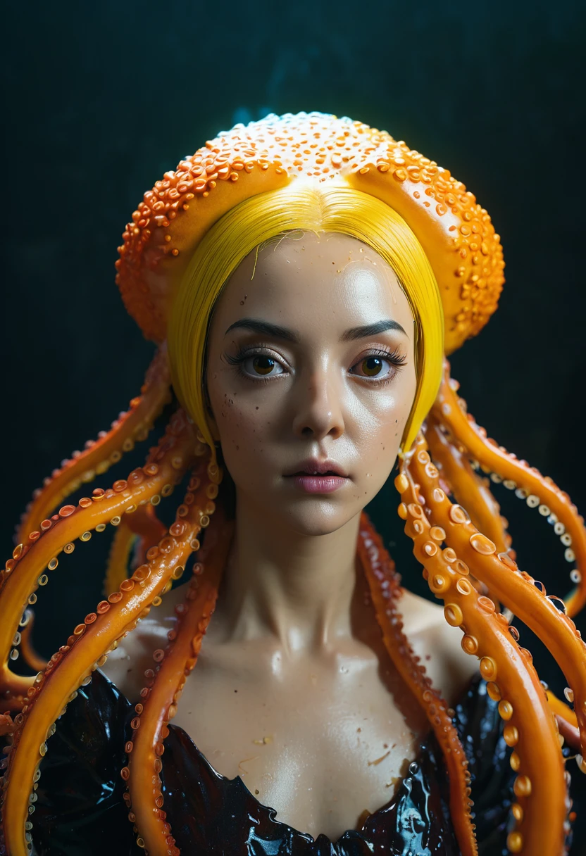 8K, ARTISTIC photogrAphy, best quAlity, mAsterpiece: 1.2), A (potrAit:1.2)  witch BLOOD Toon Doll  Cthulhu   QUEEN, ORANGE many octopus style tentacles, full body RAW candid cinema, yellow hair, 16mm, color graded portra 400 film, remarkable color, ultra realistic, sad admosphere, dark lighting, oppressive atmosphere, depressive colors, kodak portra 400, photograph,r, Natural Light, Pinhead lighgts, blur reflection, Brush Strokes, Smooth, abstract, Splatter, Oil On Canvas, rainbow colors, fractal isometrics details bioluminescens : a stunning realistic photograph of wet bone structure, 3d render, octane render, intricately detailed, titanium decorative headdress, cinematic, trending on artstation | Isometric | Centered