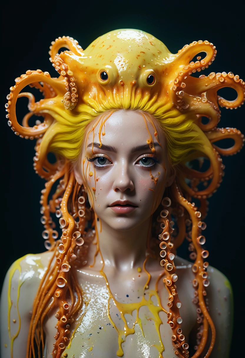8K, ARTISTIC photogrAphy, best quAlity, mAsterpiece: 1.2), A (potrAit:1.2)  witch BLOOD Toon Doll  Cthulhu   QUEEN, ORANGE many octopus style tentacles, full body RAW candid cinema, yellow hair, 16mm, color graded portra 400 film, remarkable color, ultra realistic, sad admosphere, dark lighting, oppressive atmosphere, depressive colors, kodak portra 400, photograph,r, Natural Light, Pinhead lighgts, blur reflection, Brush Strokes, Smooth, abstract, Splatter, Oil On Canvas, rainbow colors, fractal isometrics details bioluminescens : a stunning realistic photograph of wet bone structure, 3d render, octane render, intricately detailed, titanium decorative headdress, cinematic, trending on artstation | Isometric | Centered