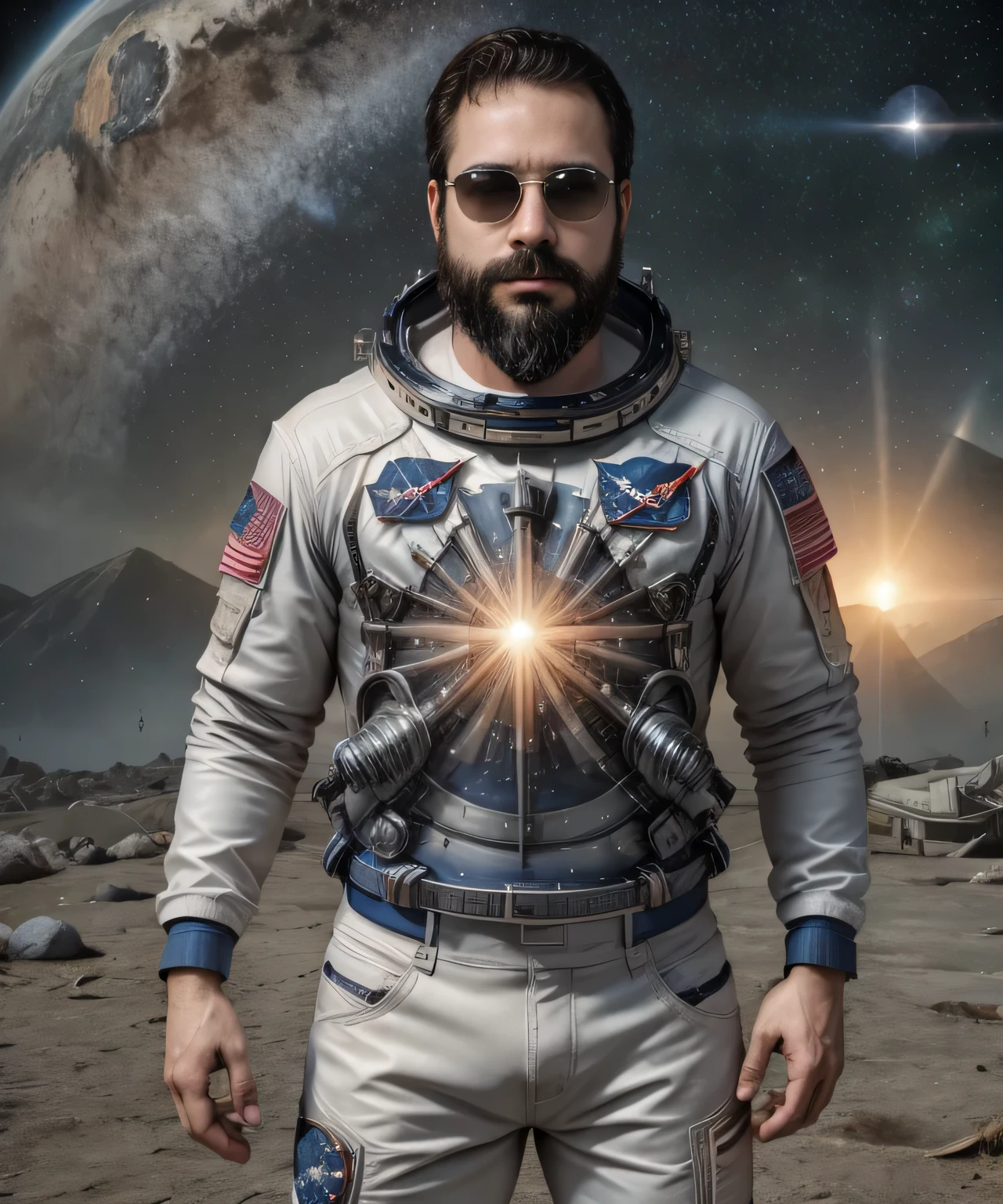 Obra maestra, desenfoque de campo, Parte superior del cuerpo, Hands in pants pockets, 38 year old chubby man with beard and square sunglasses.. Man in astronaut shirt in a space movie with a sunburst in the background. Traje de astronauta.