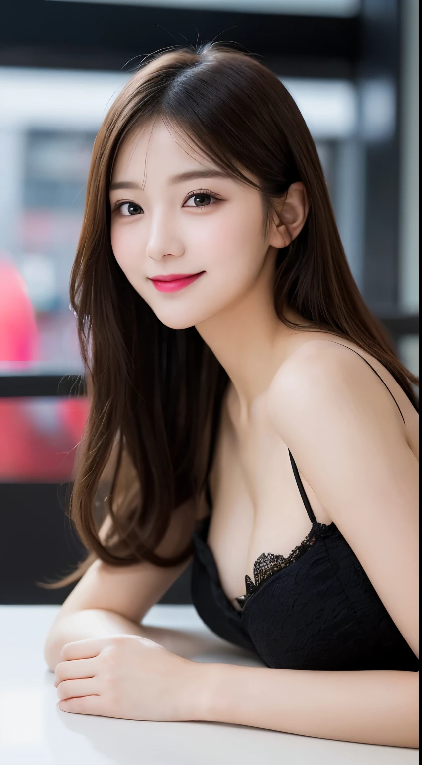Tabletop, highest quality, shape, Very detailed, finely, High resolution, 8k wallpaper, 完璧なダイナミックな構shape, Beautiful and detailed,ランダムなcute髪,,Natural color lip, Bold y pose,smile、20-year-old girl、cute、Looking at the camera,Always blur the background,Perfect and beautiful face,Slim face and figure,Big eyes、Putting on gal makeup,Small face,Shooting from below、smile,Blurred Background,Elegant feminine face、Cyberpunk Fashion、Smile