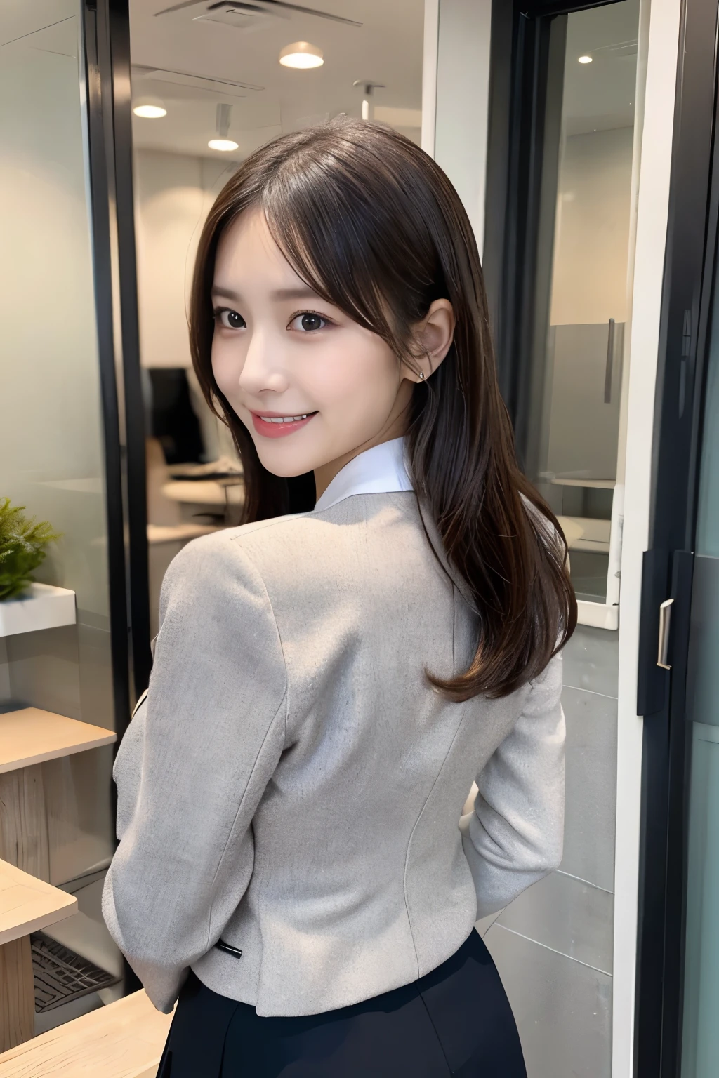 The face of a hostess、Business jacket、Skirt、Beautiful feet、high quality、Surreal、healthy、Smiling face、Slim and perfect figure、Japanese Beauty、Beautiful Eyes、Perfect Face、Beautiful Skin、Upper body、office、next to the window、From the back