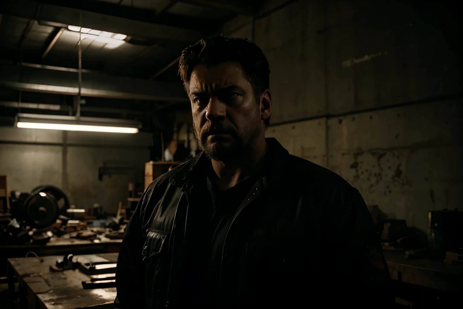 a picture of a 2000 American workshop boss, he looks angry and mean, setting is dark and brooding.