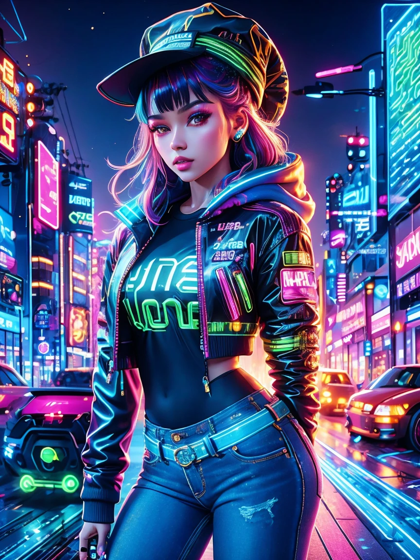 (Neon),Circuit Board,(Representative :1.2), 16k, neon background, Cyberpunk background, Cyberpunk, get off the sports car, Neon lighting effect reflected on the character's body, neon lighting effect, line neon,1 girl, night, blurred background, brown eyes, cowboy, denim jacket, depth of field, hands in pockets, upper body, slanted body, above hips, hat, hoodie, coat, jeans, lips, looking at the viewer, neon, open clothes, open jacket, slightly lifted lips , rainbow, shirt, solo, standing,(Exquisite and perfect demeanor:1.3),(dream),(Ultra HD, masterpiece, precise, Anatomically correct, textured skin, High Detail, high quality, The award-winning, 8k)