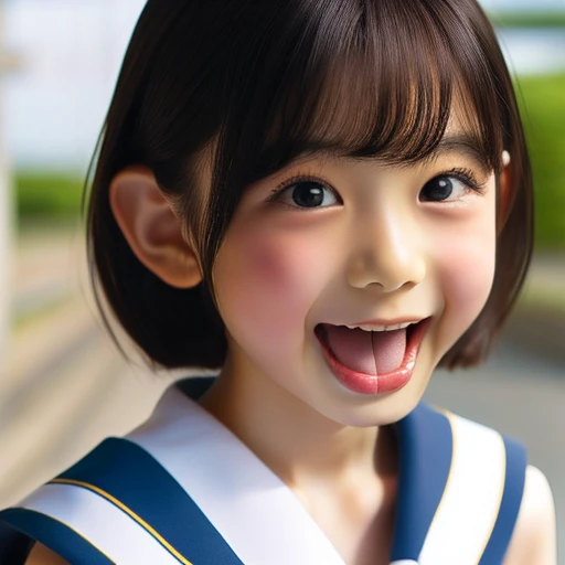 Japanese,,Short black hair,profile,Turn to the side,Look up,Face close-up,Please open your mouth wide,Stick your tongue out.,Show me your tongue,cute,Summer sailor uniform