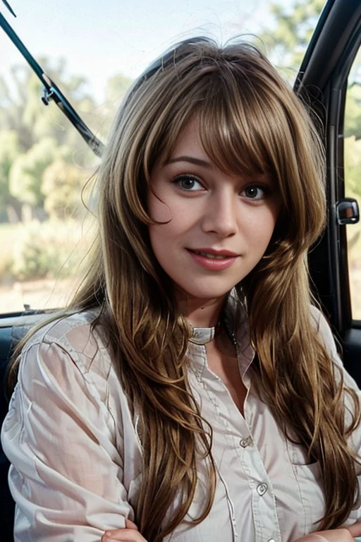 1girl, long hair, looking at viewer, smile, brown hair, shirt, white shirt, collared shirt, parody, realistic, car, hm1