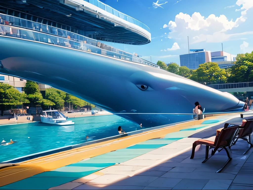 (highest quality:1.5), (masterpiece:1.5), background, noon, aquarium, dolphin show venue, tokyo,