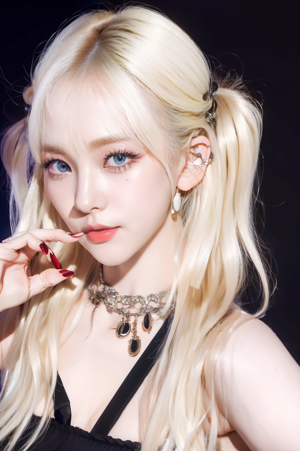 (8k, 4k, best quality, highres, ultra high res:1.1), (masterpiece, realistic, photo-realistic:1.1), 1girl, face, close-up, twintails, blonde hair, black eyes, red lips, (looking at viewer:2), absurdly long hair, long eyelashes, eyeshadow, small face, big eyes,
bare shoulders,
high contrast,