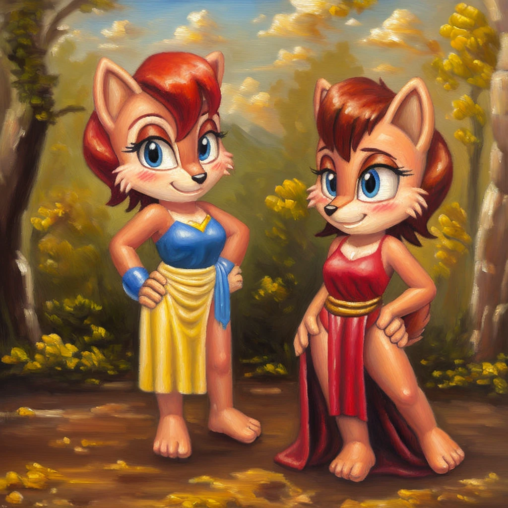 (((oil painting))), (biblically accurate Sally Acorn), (deep blush:1.3), toned body flying in the sky, full body shot, hands on own hips, long gown with pelvic curtain, gleeful,