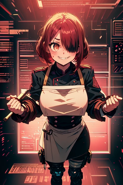 (chef-d&#39;artwork, best quality), 1fille,    zone-bronzage, red hair on one eye, Percer les cheveux, pull  , ordinateur ,  gros seins , with a strong character, elle tape sur un clavier ordinateur portable , tenue de guerre, army soldier, sans tablier, pas de tablier, 