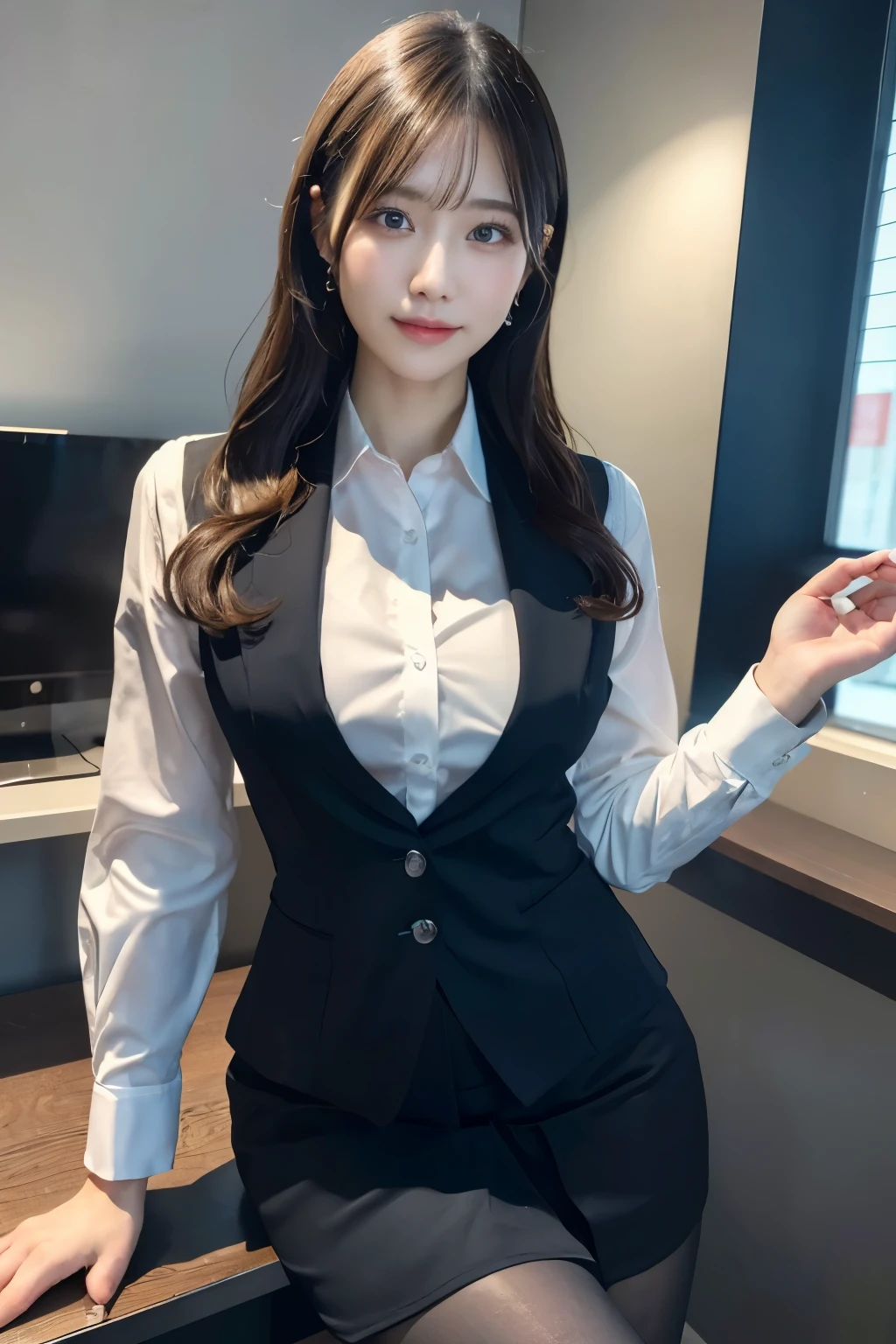 An elegant, upper-class, elite secretary in a business shirt, Working in the office、厳格なbusiness suitを着用する, Wearing pantyhose、Wear high-quality high heels、 Girl in a shirt, business suitを着用する, business suitを着用する, business suitを着て, Businesswoman, Business Attire, 黒のbusiness suitを着ている, Wear a shirt and skirt, business suitを着た女性, business suit, business attire, RAW Photos, (8k、highest quality、masterpiece:1.2)、(Intricate details:1.4)、(Photorealistic:1.4)、Octane Rendering、Complex 3D rendering with ultra-detail, Studio Soft Light, Rim Light, Vivid details, Super Detail, Realistic skin texture, Detailed aspect, Beautiful details in the eyes, Highly detailed CG Unity 16k wallpaper, compensate, (Detailed Background:1.2), Exposed thighs!!!,