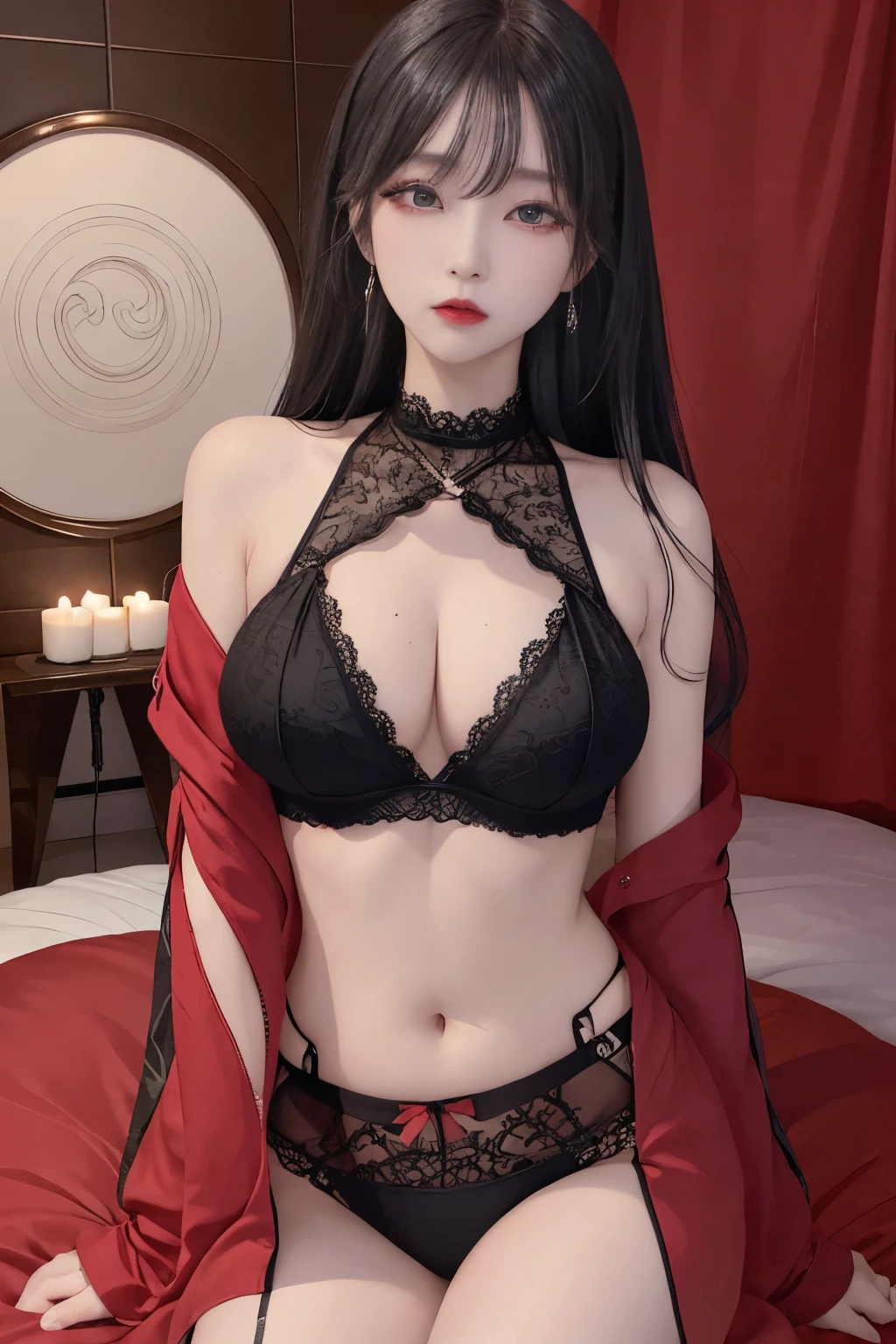 Top image quality、Raw photography、A high resolution、20-year-old cool Korean、big round chest、thin red silk coat、black lace underwear、Beautiful Eyes of Details、very elongated eyes、Beautiful eyelashes、Beautiful double eyelids、eyeshadows、耳Nipple Ring, wearing super tight mini boxers, standing,