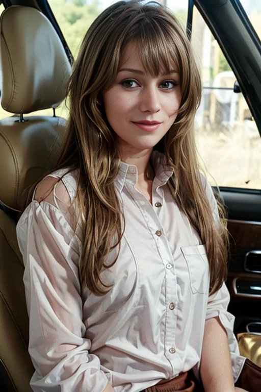 1girl, long hair, looking at viewer, smile, brown hair, shirt, white shirt, collared shirt, parody, realistic, car, hm1