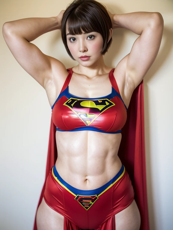 ((Great quality,Great quality,high quality, very beautiful,beautiful, 最high quality, Realistic)) ,(Open Stance,Show your armpits),((Dressing up as Supergirl, Red costume,Cape)),((stomach cutout )),((Light brown hair,blunt bangs, pixie cut, 太くてbeautiful眉,Round eyes)),Detailed body,photograph,3D, texture,, View audience, ((最high quality, Great quality, very beautiful, Absurd))、(Perfect beautiful face 1.2),(anger),Blushed,Heavy breathing,(Perfect and beautiful posture:1.2),(30 year old beautiful Japanese woman),(Mature Woman),(Face with makeup),((((Flat Chest)))),((plump)),Big Ass,Strong legs, (thick muscular body),(whole bodyに汗をかく:1.2),((Excessive sweating under the arms)),超高解像度のphotograph,Looking at the camera,(Stand facing forward),(whole body),