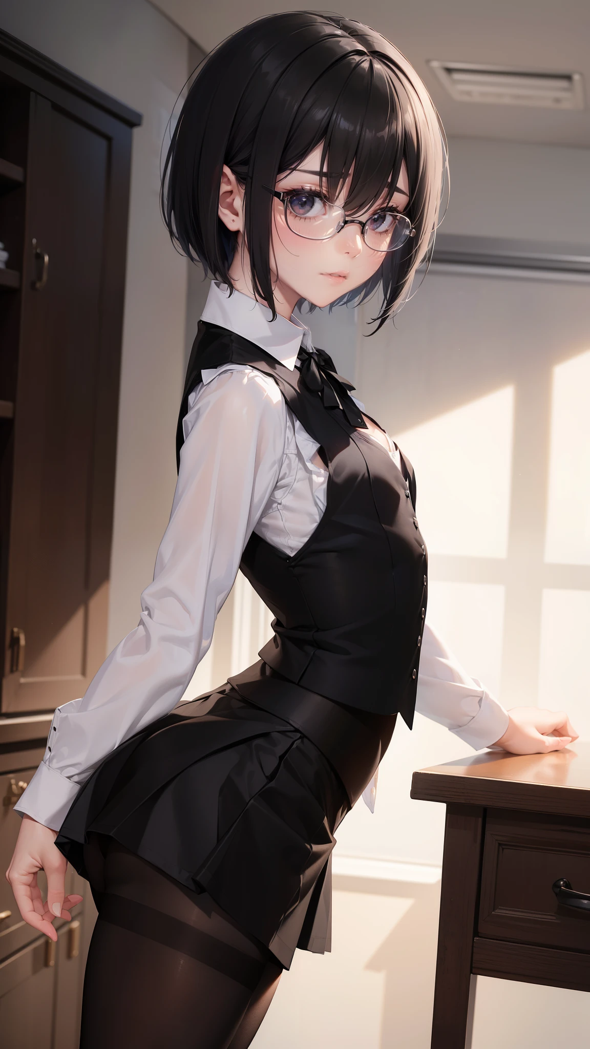 masterpiece, ultra detailed, 8k portrait, RAW photo, portrait photography, highly detailed face, 1 woman, (standing), 33 years old, (small eyes), glasses, (black short bob hair), (hair over one eyes), (white skin color), (long sleeves dress shirt:1.5), (black vest:1.5), (micro skirt:1.5), (black pantyhose:1.5), (((pumps))), Midday Sun, hyper realistic, Body model, (Small breasts:1.5), Beautiful breasts, (big butt), Long legs, in the office room, Ambient lighting, Shadow details, Camera focus on face, strong breeze, Light fog