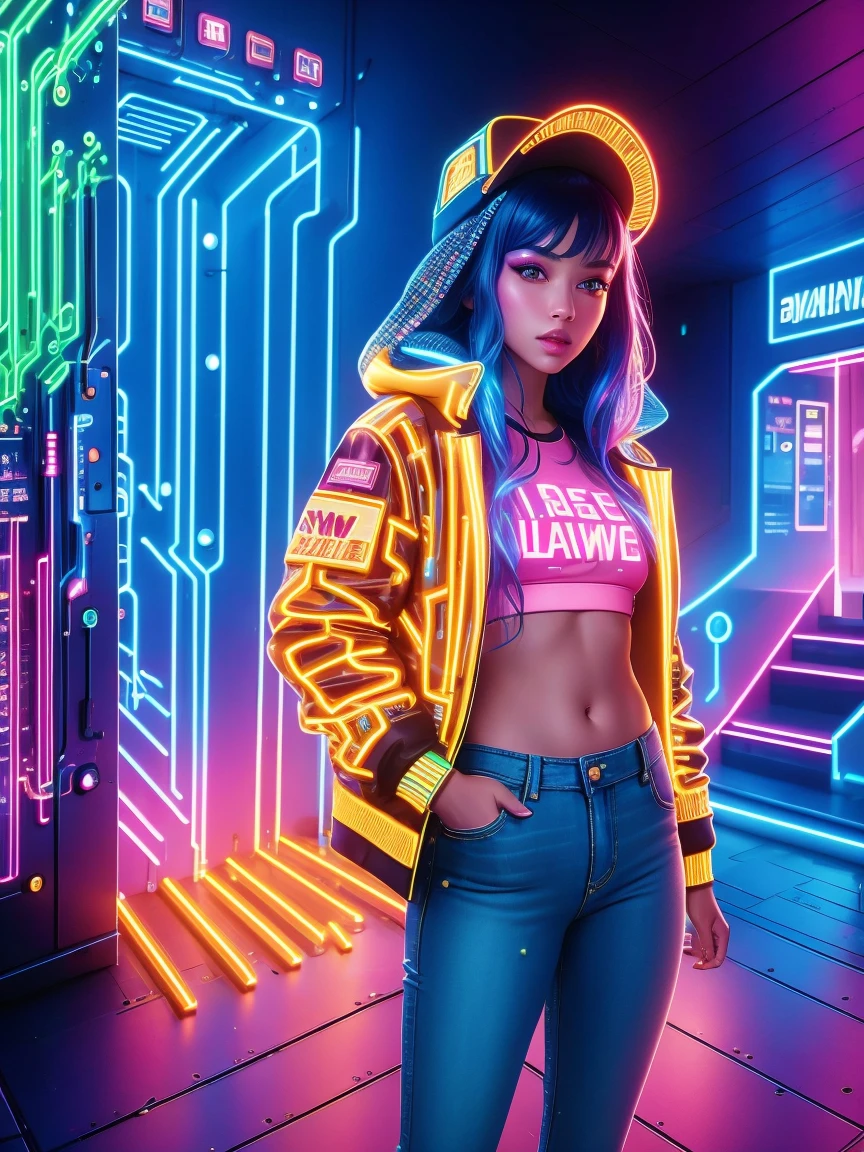 (Neon),Circuit Board,(Representative :1.2), 16k, neon background, Cyberpunk background, Cyberpunk, get off the sports car, Neon lighting effect reflected on the character's body, neon lighting effect, line neon,1 girl, night, blurred background, brown eyes, cowboy, denim jacket, depth of field, hands in pockets, upper body, slanted body, above hips, hat, hoodie, coat, jeans, lips, looking at the viewer, neon, open clothes, open jacket, slightly lifted lips , rainbow, shirt, solo, standing,(Exquisite and perfect demeanor:1.3),(dream),(Ultra HD, masterpiece, precise, Anatomically correct, textured skin, High Detail, high quality, The award-winning, 8k)
