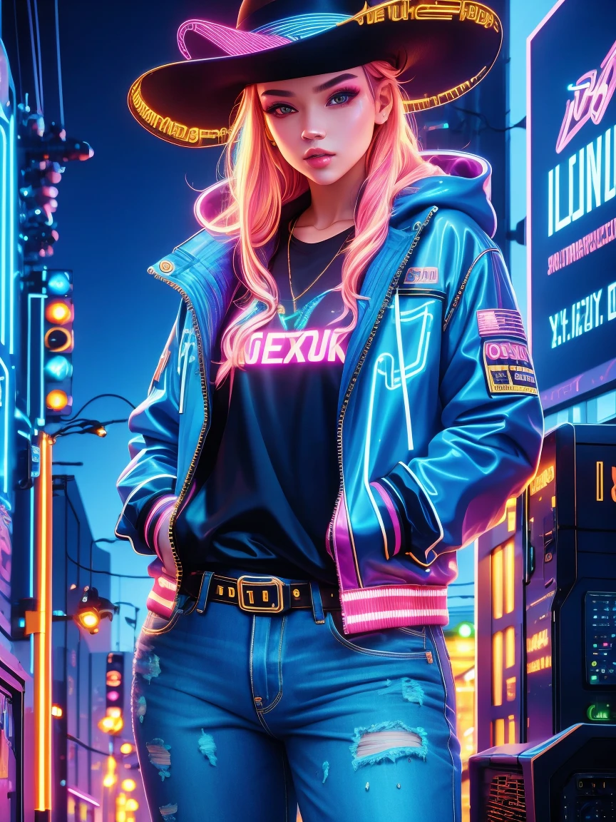 (Neon),Circuit Board,(Representative :1.2), 16k, neon background, Cyberpunk background, Cyberpunk, get off the sports car, Neon lighting effect reflected on the character's body, neon lighting effect, line neon,1 girl, night, blurred background, brown eyes, cowboy, denim jacket, depth of field, hands in pockets, upper body, slanted body, above hips, hat, hoodie, coat, jeans, lips, looking at the viewer, neon, open clothes, open jacket, slightly lifted lips , rainbow, shirt, solo, standing,(Exquisite and perfect demeanor:1.3),(dream),(Ultra HD, masterpiece, precise, Anatomically correct, textured skin, High Detail, high quality, The award-winning, 8k)