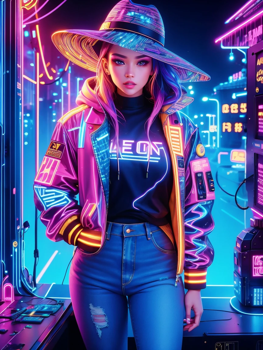 (Neon),Circuit Board,(Representative :1.2), 16k, neon background, Cyberpunk background, Cyberpunk, get off the sports car, Neon lighting effect reflected on the character's body, neon lighting effect, line neon,1 girl, night, blurred background, brown eyes, cowboy, denim jacket, depth of field, hands in pockets, upper body, slanted body, above hips, hat, hoodie, coat, jeans, lips, looking at the viewer, neon, open clothes, open jacket, slightly lifted lips , rainbow, shirt, solo, standing,(Exquisite and perfect demeanor:1.3),(dream),(Ultra HD, masterpiece, precise, Anatomically correct, textured skin, High Detail, high quality, The award-winning, 8k)