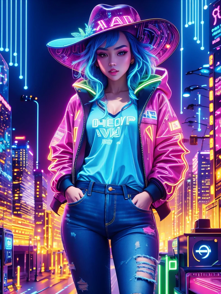(Neon),Circuit Board,(Representative :1.2), 16k, neon background, Cyberpunk background, Cyberpunk, get off the sports car, Neon lighting effect reflected on the character's body, neon lighting effect, line neon,1 girl, night, blurred background, brown eyes, cowboy, denim jacket, depth of field, hands in pockets, upper body, slanted body, above hips, hat, hoodie, coat, jeans, lips, looking at the viewer, neon, open clothes, open jacket, slightly lifted lips , rainbow, shirt, solo, standing,(Exquisite and perfect demeanor:1.3),(dream),(Ultra HD, masterpiece, precise, Anatomically correct, textured skin, High Detail, high quality, The award-winning, 8k)