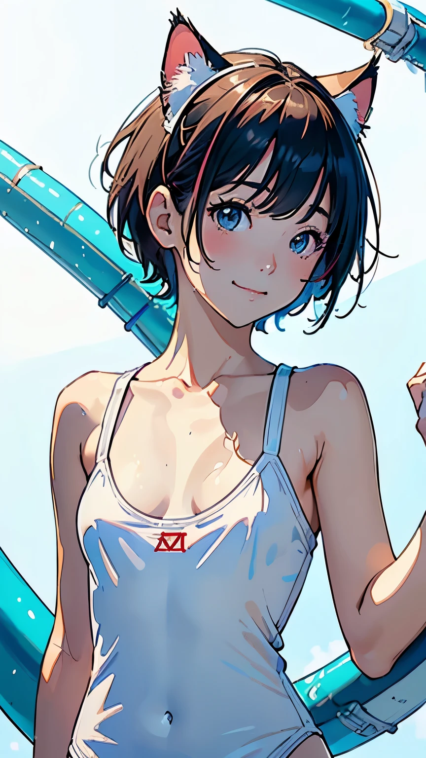 (highest quality, masterpiece, High resolution)、4K Anime Art、(1 beautiful Japan woman、20-year-old)、(whole body、Gliding on a waterslide)、 (Detailed depiction of a beautiful face)、Happy smile、Small breasts、(Cat ear)、Medium Short Hair、Bobcut、(small tops、swimshorts、Colorful Swimsuits)、(Blank background)、((White Background))、