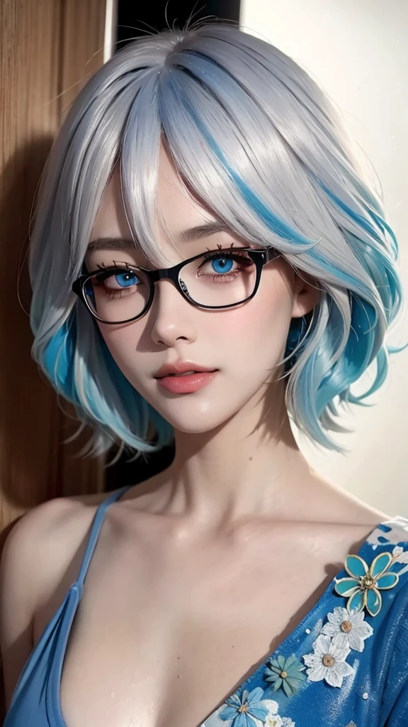 masterpiece, best quality, 8k,masterpiece, (masterpiece, best quality, high resolution), Color paint background((acrylic paint, (splash of color, splash ink, splash of color)) , Detailed skin texture, Detailed fabric texture, beautifull detailed face, intricate details, Super detailed, Portrait of Rei Ayanami, blue hair, blue eyes, wear glasses(focus),head tilt,super huge