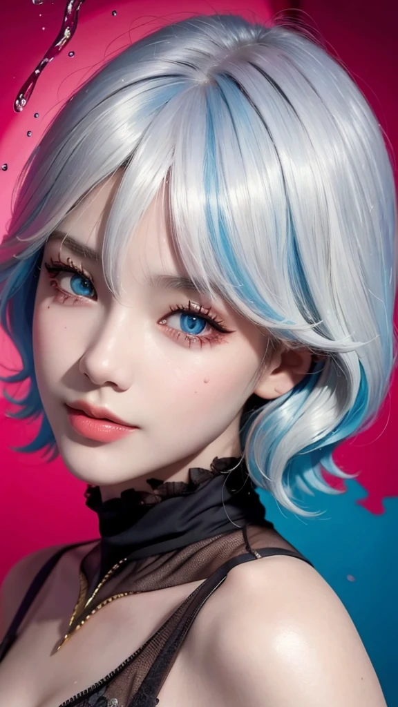 masterpiece, best quality, 8k,masterpiece, (masterpiece, best quality, high resolution), Color paint background((acrylic paint, (splash of color, splash ink, splash of color)) , Detailed skin texture, Detailed fabric texture, beautifull detailed face, intricate details, Super detailed, Portrait of Rei Ayanami, blue hair, blue eyes, wear glasses(focus),head tilt,super huge