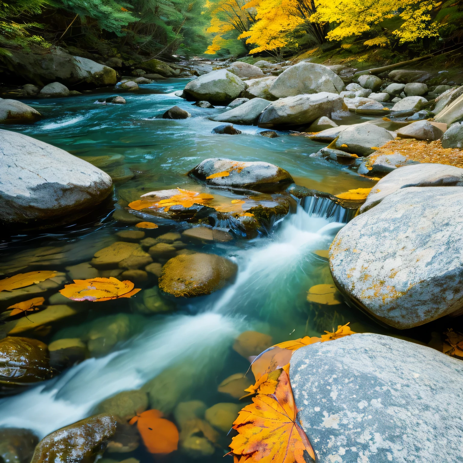 Autumn stream、Clear water flowing over rocks、