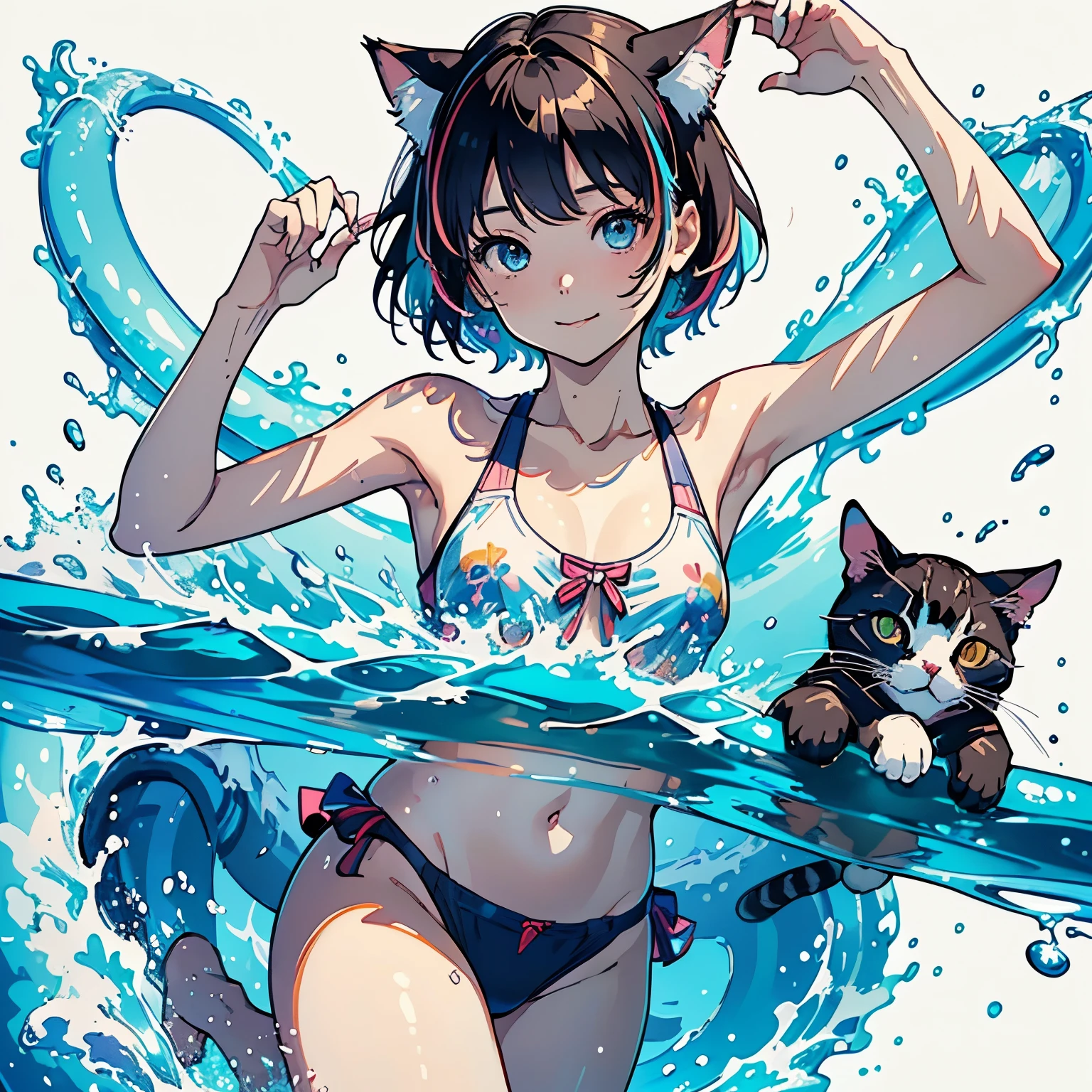 (highest quality, masterpiece, High resolution)、4K Anime Art、(1 beautiful Japan woman、20-year-old)、(whole body、Gliding on a waterslide)、 (Detailed depiction of a beautiful face)、Happy smile、Small breasts、(Cat ear)、Medium Short Hair、Bobcut、(small tops、swimshorts、Colorful Swimsuits)、(Blank background)、((White Background))、