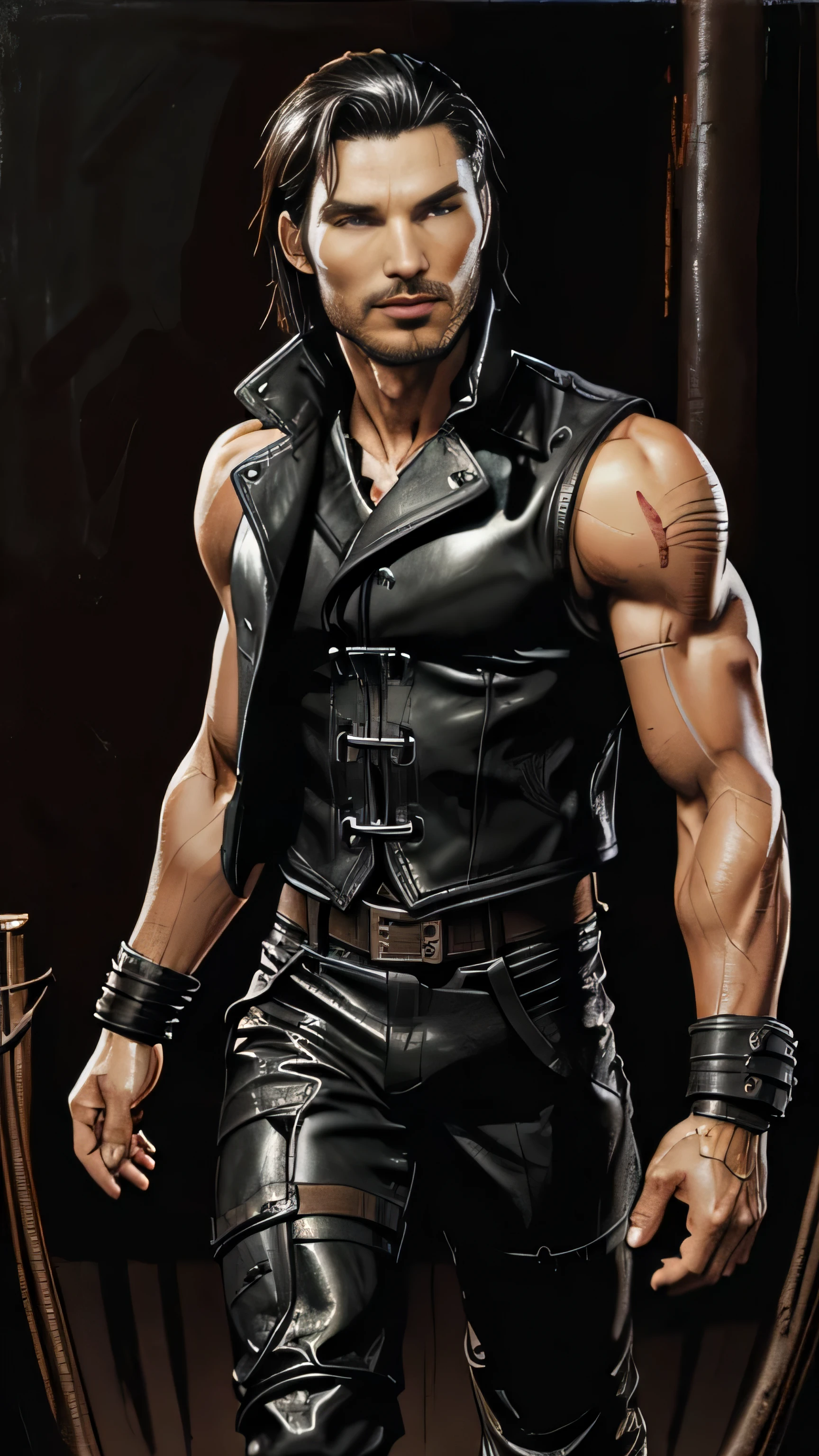 Create a anime style image. realist:1.3,( fotorrealist, 8k, RAW Photos, Premium quality, masterpiece, epic lighting. close up, Centered image), (foreground),((1 beautiful man, self-confident, well-formed muscles, post-apocalyptic, guerrero, Perfectly detailed face and body, (foreground), rainy scene, poor lighting due to rain, face and body wet from the rain,lightning lighting, dynamic pose, beautiful and detailed hair, Leather Clothes))